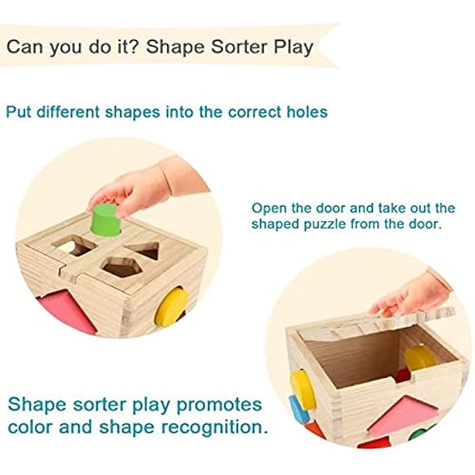 WOODEN SHAPE SORTING CUBE TOYS WITH 13 COLORFUL WOOD GEOMETRIC SHAPE BLOCKS AND SORTER BOX,LEARNING MATCHING GAME FOR TODDLERS,PRESCHOOL EDUCATIONAL LEARNING TOY FOR KIDS - ICE - Image 4