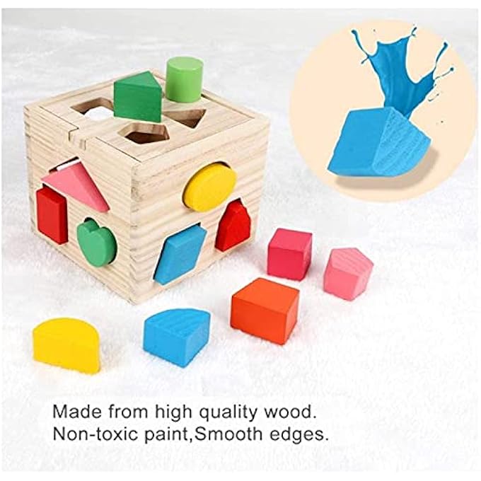WOODEN SHAPE SORTING CUBE TOYS WITH 13 COLORFUL WOOD GEOMETRIC SHAPE BLOCKS AND SORTER BOX,LEARNING MATCHING GAME FOR TODDLERS,PRESCHOOL EDUCATIONAL LEARNING TOY FOR KIDS - ICE - Image 5