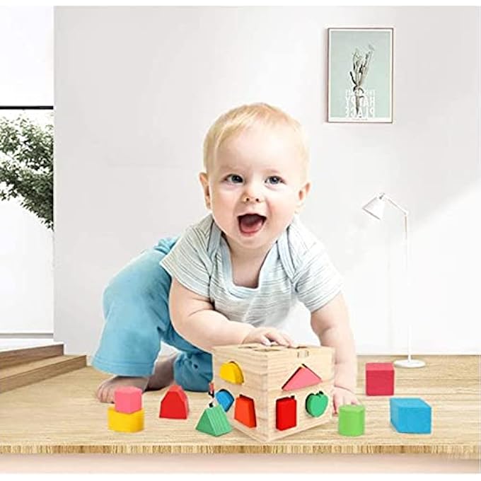 WOODEN SHAPE SORTING CUBE TOYS WITH 13 COLORFUL WOOD GEOMETRIC SHAPE BLOCKS AND SORTER BOX,LEARNING MATCHING GAME FOR TODDLERS,PRESCHOOL EDUCATIONAL LEARNING TOY FOR KIDS - ICE - Image 3