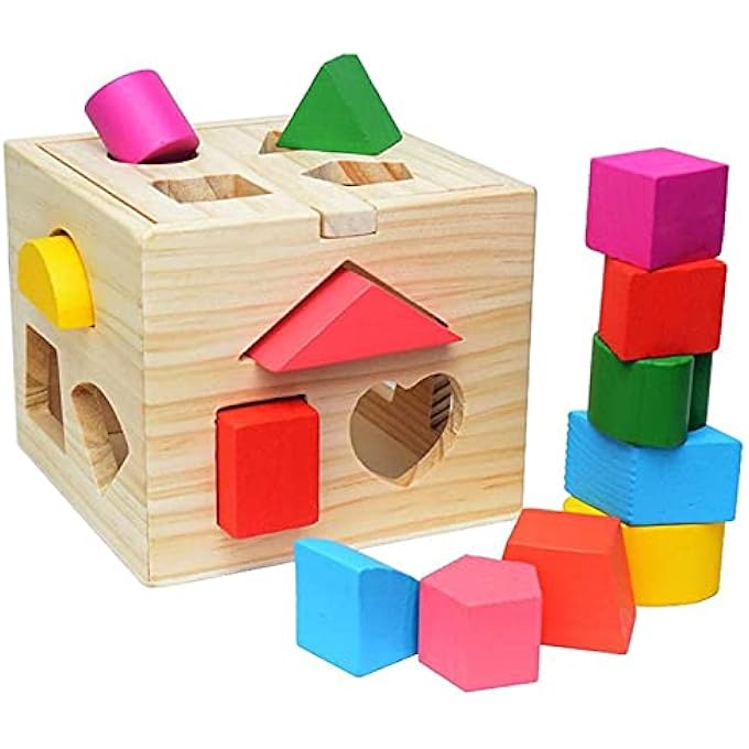 WOODEN SHAPE SORTING CUBE TOYS WITH 13 COLORFUL WOOD GEOMETRIC SHAPE BLOCKS AND SORTER BOX,LEARNING MATCHING GAME FOR TODDLERS,PRESCHOOL EDUCATIONAL LEARNING TOY FOR KIDS - ICE - Image 2