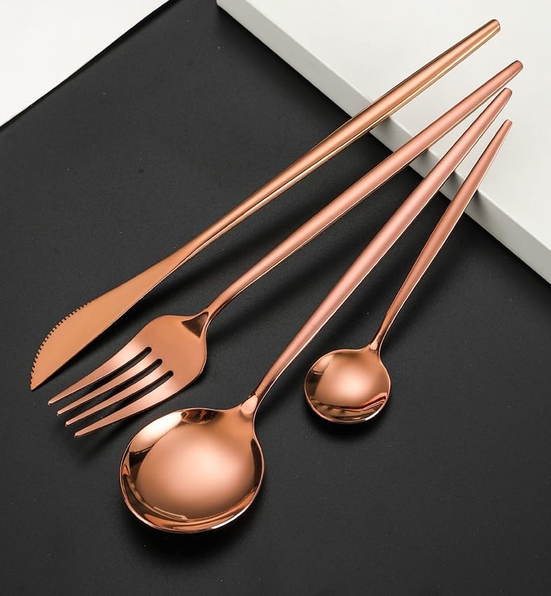 Trifecta طقم أدوات مائدة من 24 قطعة باللون الوردي الذهبي طقم أدوات مائدة من الفولاذ المقاوم للصدأ سكين وشوكة وملعقة أدوات مائدة منزلية طقم أدوات مائدة مختلط لأدوات الطعام للمطبخ والمطعم والاستخدام اليومي باللون الوردي الذهبي - Image 2