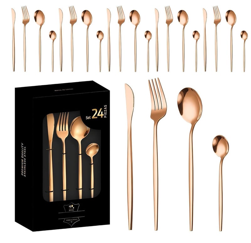 Trifecta طقم أدوات مائدة من 24 قطعة باللون الوردي الذهبي طقم أدوات مائدة من الفولاذ المقاوم للصدأ سكين وشوكة وملعقة أدوات مائدة منزلية طقم أدوات مائدة مختلط لأدوات الطعام للمطبخ والمطعم والاستخدام اليومي باللون الوردي الذهبي - Image 1