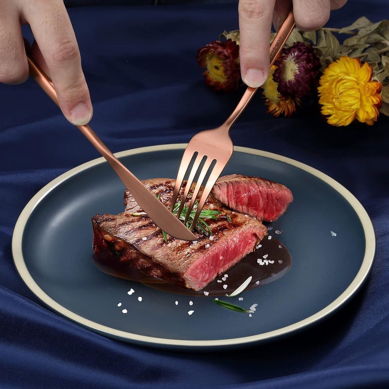 Trifecta طقم أدوات مائدة من 24 قطعة باللون الوردي الذهبي طقم أدوات مائدة من الفولاذ المقاوم للصدأ سكين وشوكة وملعقة أدوات مائدة منزلية طقم أدوات مائدة مختلط لأدوات الطعام للمطبخ والمطعم والاستخدام اليومي باللون الوردي الذهبي - Image 5