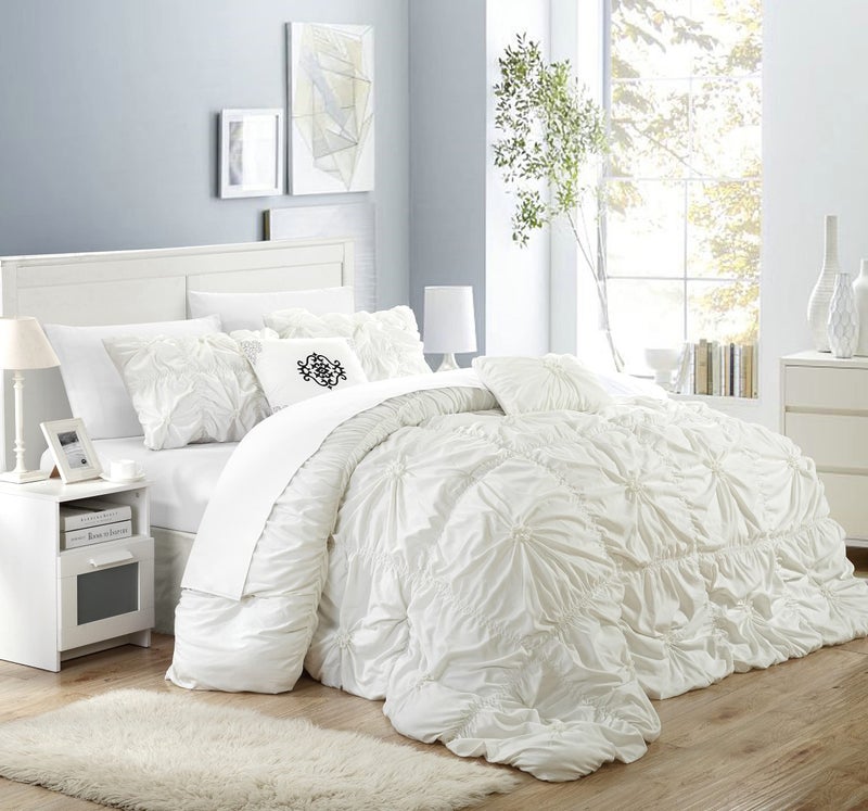 Chic Home Chic Home White Bed in a Bag Comforter Set Queen Size 6 Piece Halpert  Pintuck Pinch Pleat Microfiber Bedding  Shams Bed Skirt Flat  Fitted Sheet Pillowcases Breakfast  Decorative Pillow 