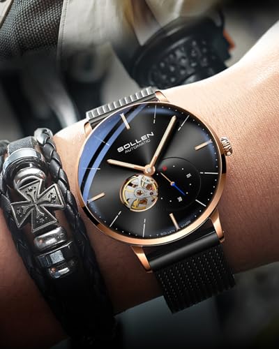 SOLLEN Black Automatic Watches for Men, Minimalist Skeleton Mechanical Watch, Waterproof Casual Stainless Steel Self-Winding Watch with Flywheel & Luminous, Unique Luxury Gift for Husband Boyfriend - Image 3