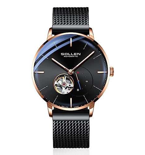 SOLLEN Black Automatic Watches for Men, Minimalist Skeleton Mechanical Watch, Waterproof Casual Stainless Steel Self-Winding Watch with Flywheel & Luminous, Unique Luxury Gift for Husband Boyfriend - Image 1