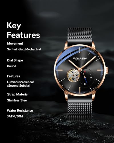 SOLLEN Black Automatic Watches for Men, Minimalist Skeleton Mechanical Watch, Waterproof Casual Stainless Steel Self-Winding Watch with Flywheel & Luminous, Unique Luxury Gift for Husband Boyfriend - Image 2