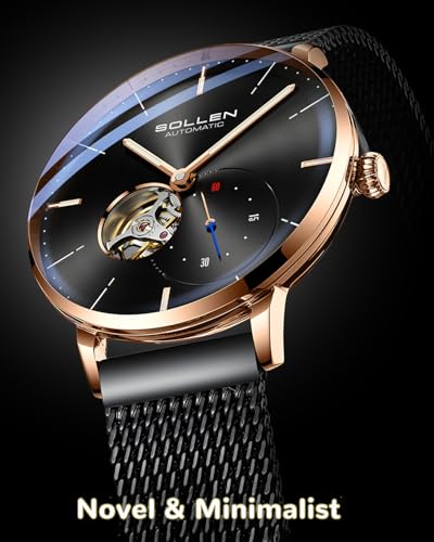 SOLLEN Black Automatic Watches for Men, Minimalist Skeleton Mechanical Watch, Waterproof Casual Stainless Steel Self-Winding Watch with Flywheel & Luminous, Unique Luxury Gift for Husband Boyfriend - Image 5