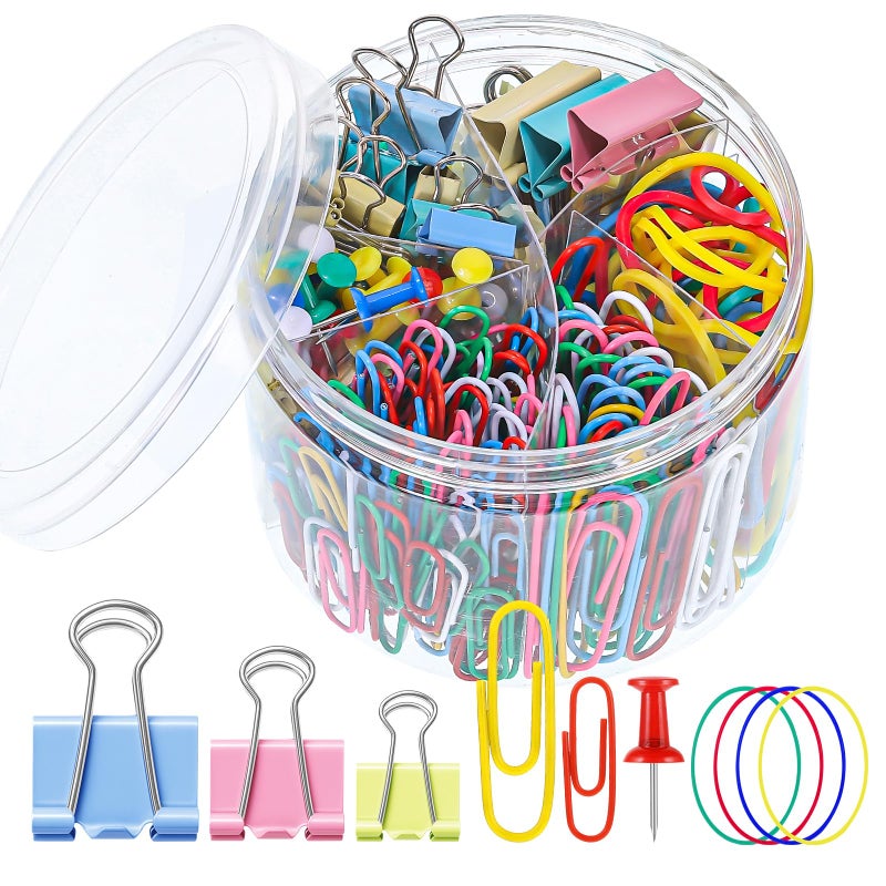 SUMAJU 350 Pcs Colored Paper Clips Assorted Sizes and Binder Clips, Paper Clamps Rubber Bands Push Pins Teacher Supplies for Classroom Office Desk Essentials - Image 1