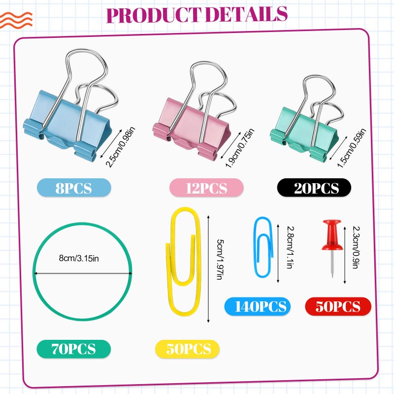 SUMAJU 350 Pcs Colored Paper Clips Assorted Sizes and Binder Clips, Paper Clamps Rubber Bands Push Pins Teacher Supplies for Classroom Office Desk Essentials - Image 2