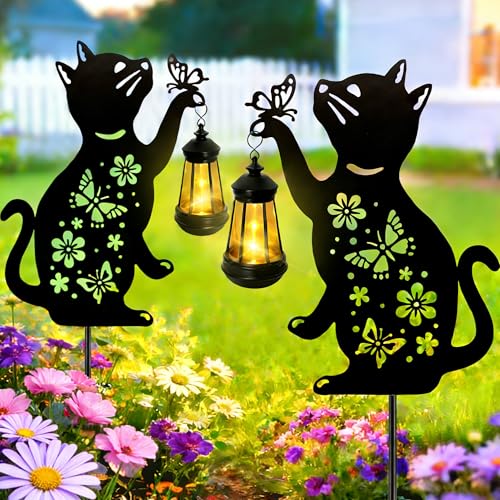 ANGMLN Cat Solar Lights Outdoor, 2 Pack Black Cat Hanging Lantern Waterproof, Cat Lover Gifts for Women Mom Birthday Mother's Day, Metal Garden Statue Yard Decor Patio Pathway Backyard Lawn Ornaments - Image 1
