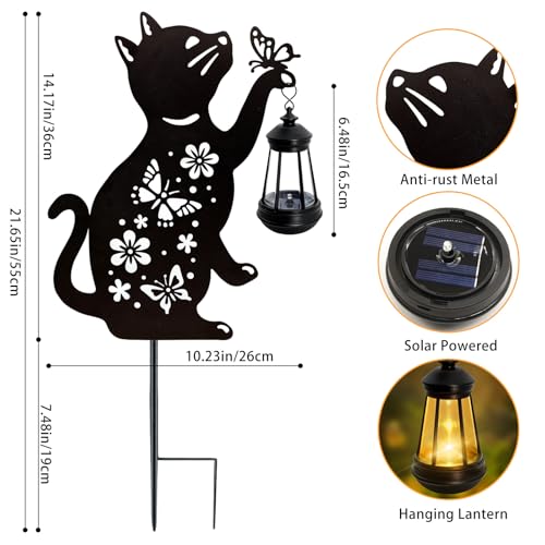 ANGMLN Cat Solar Lights Outdoor, 2 Pack Black Cat Hanging Lantern Waterproof, Cat Lover Gifts for Women Mom Birthday Mother's Day, Metal Garden Statue Yard Decor Patio Pathway Backyard Lawn Ornaments - Image 2