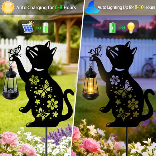 ANGMLN Cat Solar Lights Outdoor, 2 Pack Black Cat Hanging Lantern Waterproof, Cat Lover Gifts for Women Mom Birthday Mother's Day, Metal Garden Statue Yard Decor Patio Pathway Backyard Lawn Ornaments - Image 3