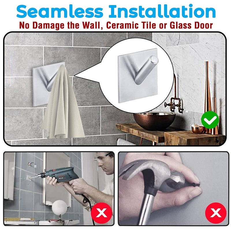 DOCOSS Stainless Steel Strong Self Adhesive Sticker Hooks for Bathroom, Kitchen Wall Holds Up to 3 kg (Pack of 4,Silver-Brush Finish) - Image 2