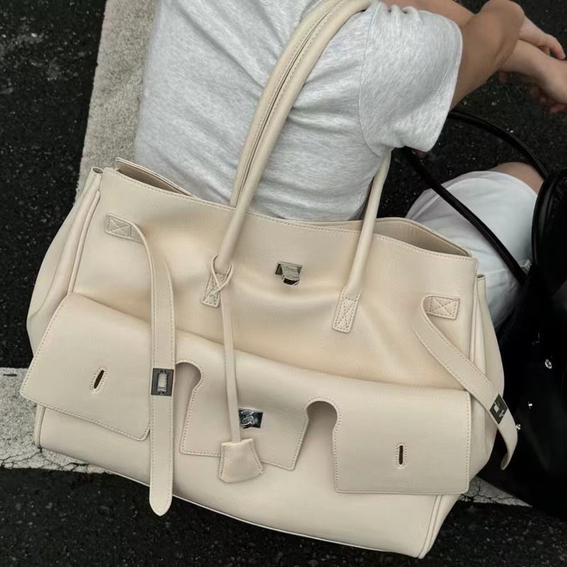 First Layer Cowhide Handbag Multi-Flap Pocket Pants Handbag Dark Motorcycle Tote Large Capacity Square Buckle Armpit - Image 2