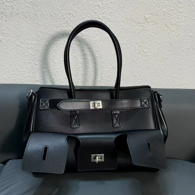First Layer Cowhide Handbag Multi-Flap Pocket Pants Handbag Dark Motorcycle Tote Large Capacity Square Buckle Armpit - Image 3