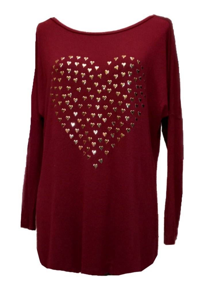 Women Heart Studds Burgundy Pullover Sweater  - Image 1