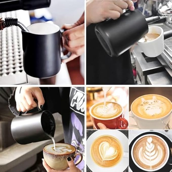 ريحني إبريق رغوة الحليب من الفولاذ المقاوم للصدأ، إبريق تبخير الإسبريسو، إبريق رغوة الحليب للقهوة، كوب لآلات الإسبريسو، كابتشينو لاتيه، أسود غير لامع، 12 أونصة، 350 مل - Image 5