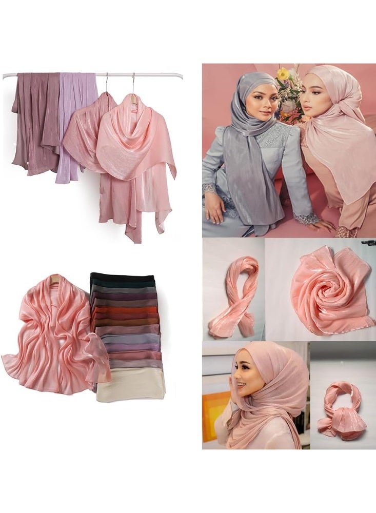 Light Pink Shiny Gloss Chiffon Hijab Scarf 180*70cm, Women Elegant Lightweight Wedding Shawl Wrap Cape - Image 3