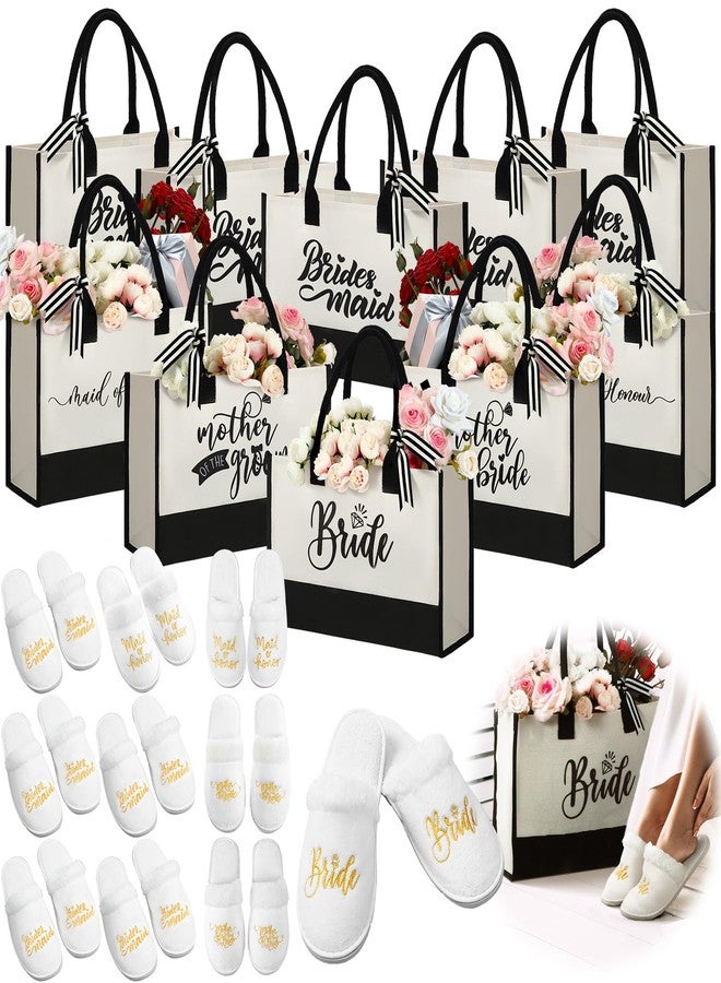 Abbylike 20 Pcs Bridesmaid Proposal Tote Bags 10 Pairs Women Bride Slippers Set Wedding Bridesmaid Canvas Bags Gifts for Maid of Honor Mother of the Bride and Groom Bridal Shower Bachelorette - Image 1