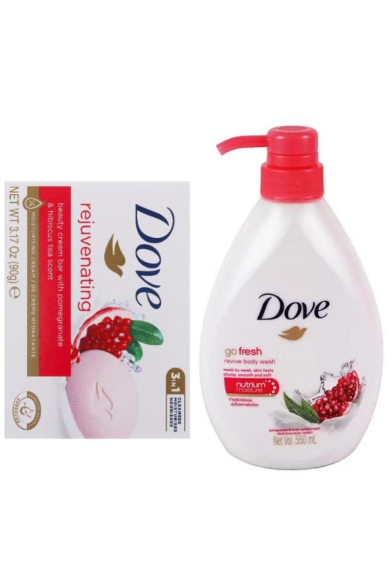 دوف أفضل مجموعة من قطعتين من غسول الجسم جو فريش ريفايف 550 مل + صابون الجمال المجدد برائحة الرمان وشاي الكركديه 90 جم