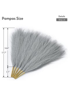SPARK IT HOME 6 Pieces Fluffy Faux Pampas Grass Artificial Pampas Branches Fake Fluffy Stems Plants, Floor Vase Filler for Home, Wedding Boho Décor Flower Arrangement 45 cm/17 inches (Grey)  - Image 2