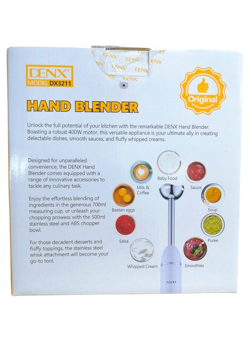 Denx 4-In-1 Hand Blender 400W With grinder, whisk and 700 ml cup White - Image 5