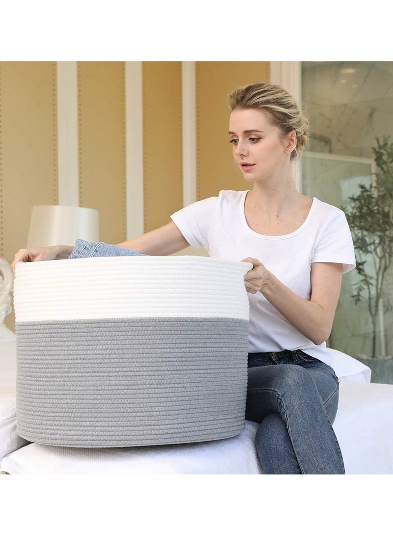 XXXLarge Cotton Rope Basket Woven Rope Laundry Basket Blanket Basket Laundry Hamper with Handles Decorative Basket Comforter Cushions Storage for Storage Toys Throws Pillows Towels Light Grey