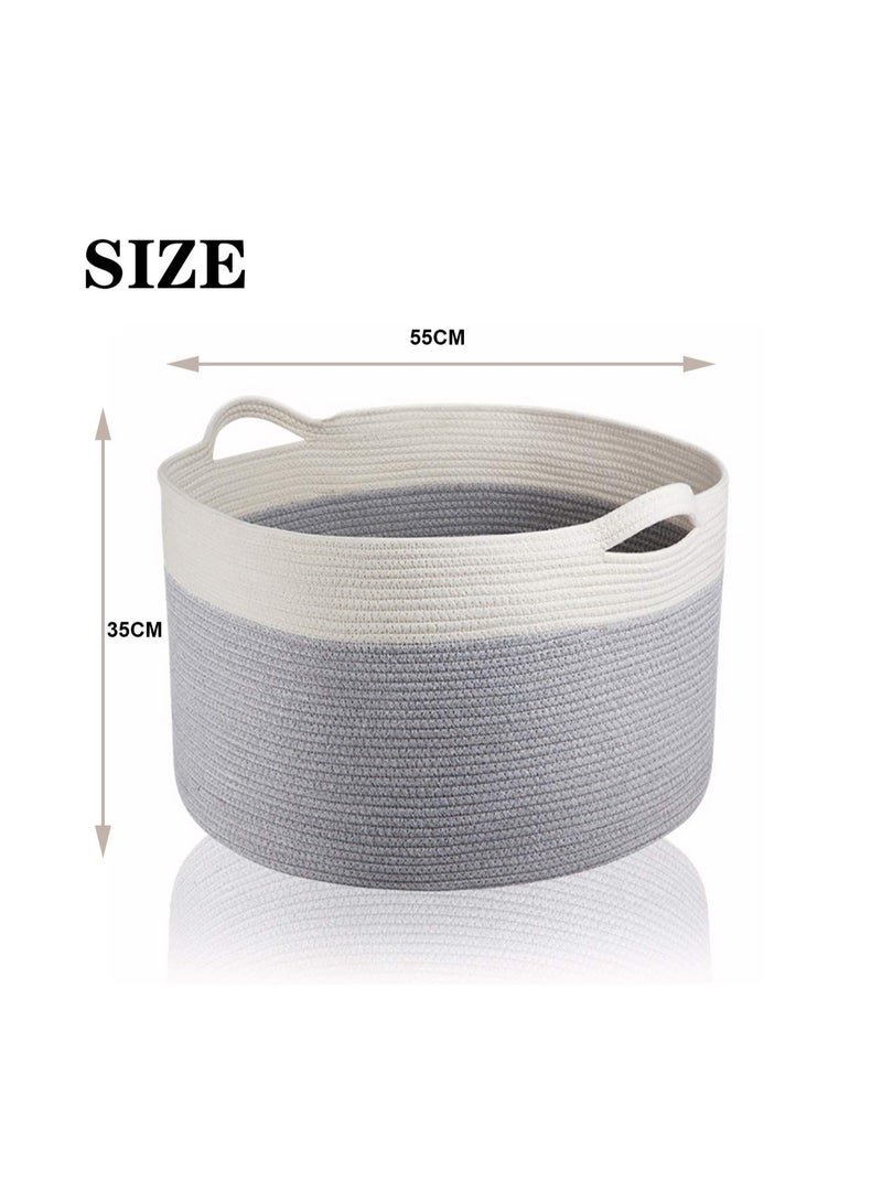 XXXLarge Cotton Rope Basket Woven Rope Laundry Basket Blanket Basket Laundry Hamper with Handles Decorative Basket Comforter Cushions Storage for Storage Toys Throws Pillows Towels Light Grey