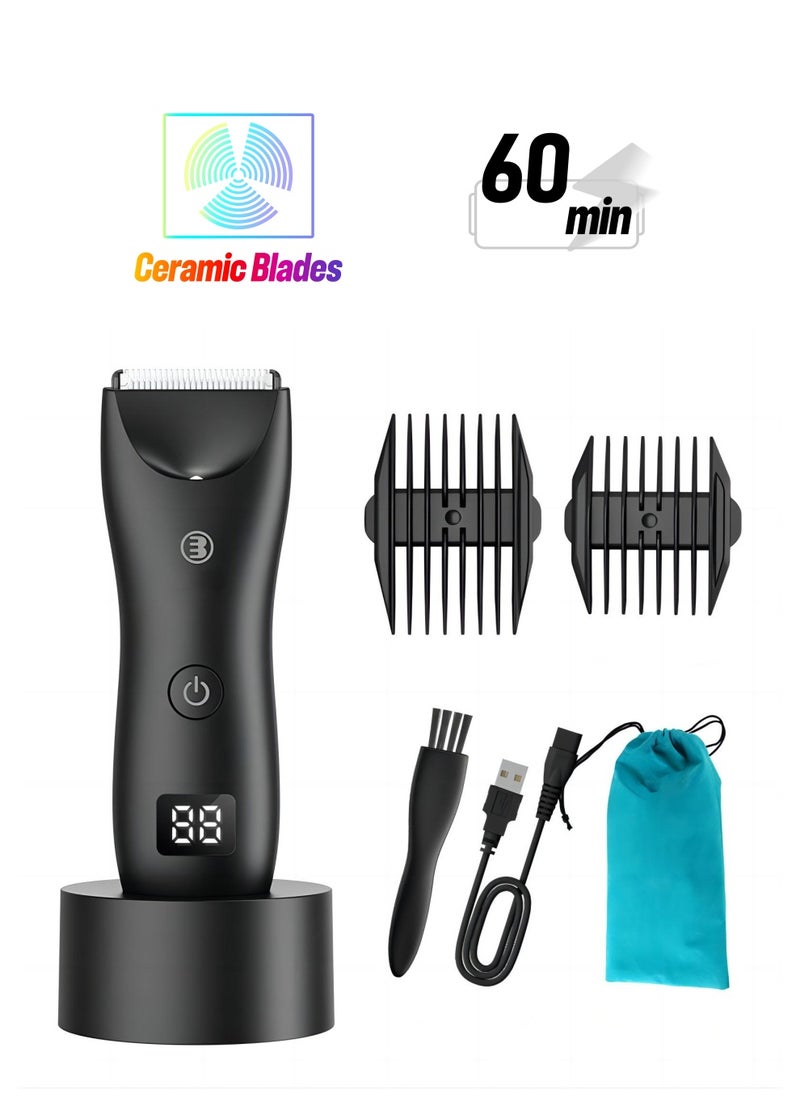SYOSI Electric Hair Clippers for Men, Waterproof Pubic Hair Trimmer with LED Display, Cordless Groin Body Hair Trimmer Kit, Professional Body Groomer and Beard Shaver with USB Recharge Dock(Black)  - Image 1