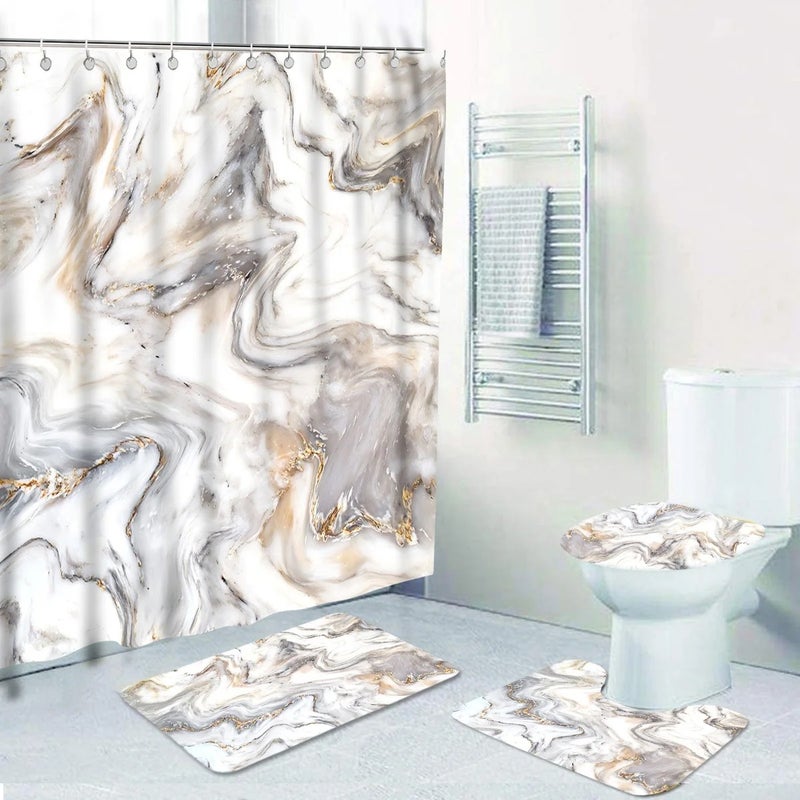 Bluejw 16 Pcs Marble Pattern Bathroom Sets with Shower  Curtain and Rugs Waterproof Printing Toilet  Shower Curtain with Hooks - Image 2
