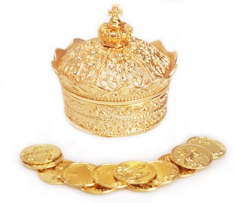 JOICE GIFT Elegant Gold Crown Wedding Arras with 13 Coins Set - Image 1