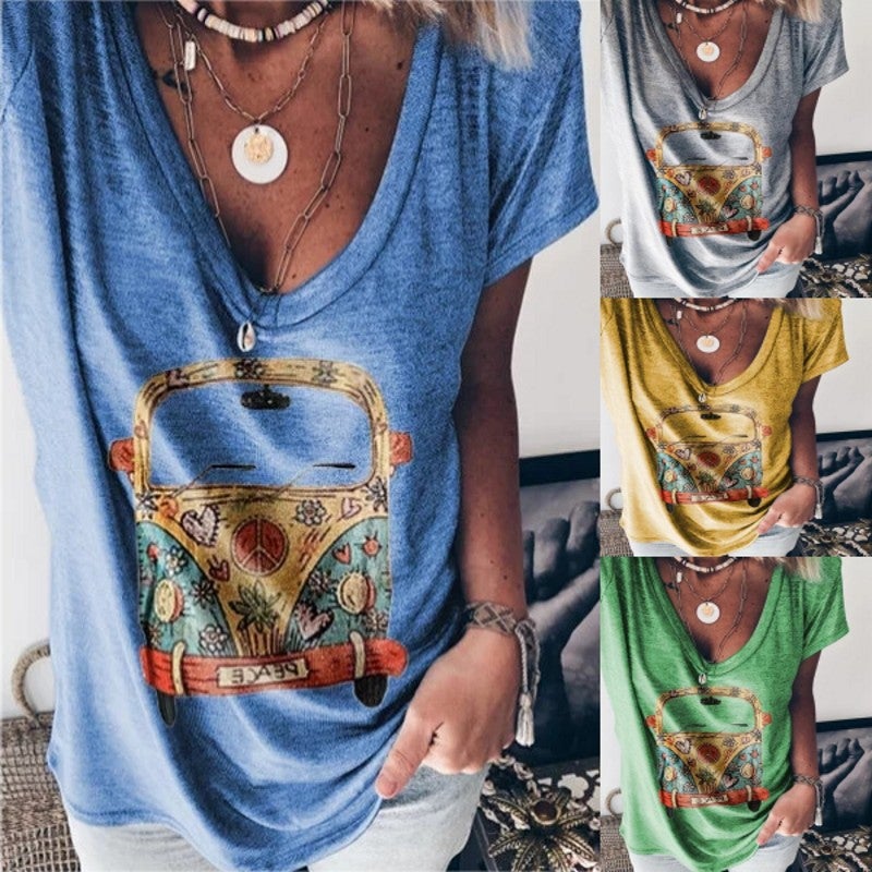 wish 2020 women's casual V-neck short sleeve loose maxi car print T-shirt - Image 2