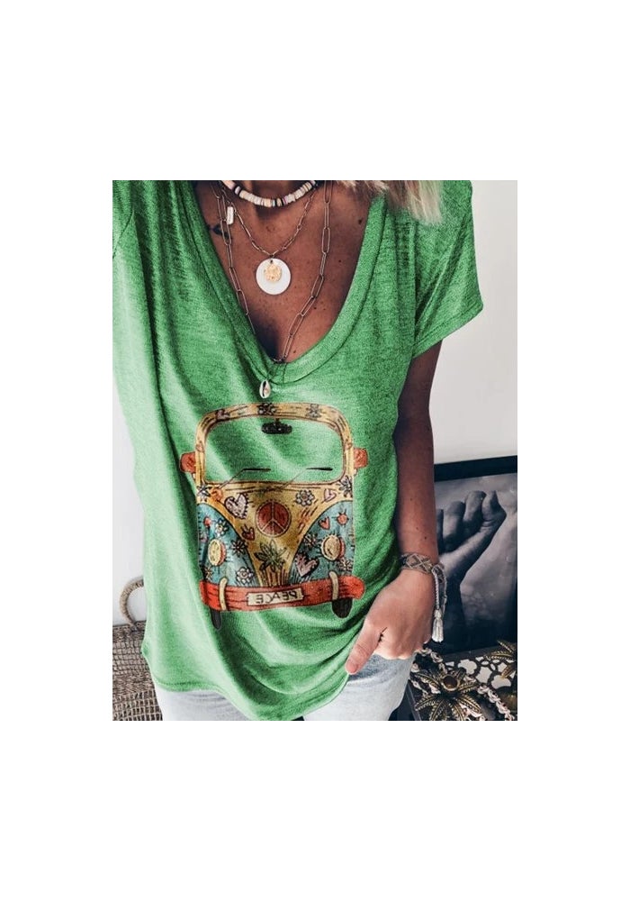 wish 2020 women's casual V-neck short sleeve loose maxi car print T-shirt - Image 1