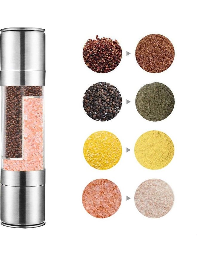 2 In 1 Manual Salt Pepper Mill Herb Spice Grinder Silver/Clear  - Image 1