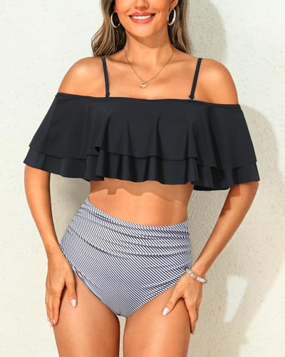 Tempt Me Women Black Stripe Two Piece High Waisted Bikini Set Swimsuit Off Shoulder Ruffle Bathing Suits Tummy Control Ruched Swimwear M - Image 2