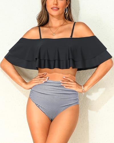 Tempt Me Women Black Stripe Two Piece High Waisted Bikini Set Swimsuit Off Shoulder Ruffle Bathing Suits Tummy Control Ruched Swimwear M - Image 5