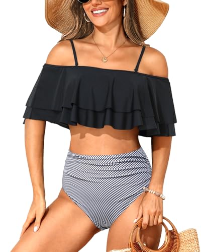 Tempt Me Women Black Stripe Two Piece High Waisted Bikini Set Swimsuit Off Shoulder Ruffle Bathing Suits Tummy Control Ruched Swimwear M - Image 1