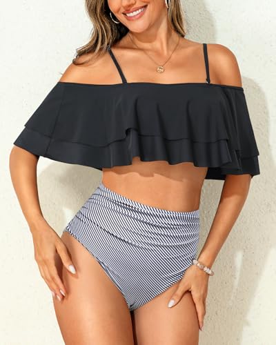 Tempt Me Women Black Stripe Two Piece High Waisted Bikini Set Swimsuit Off Shoulder Ruffle Bathing Suits Tummy Control Ruched Swimwear M - Image 3