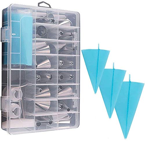 HMIEPRS 39PCS Piping Bags and Tips Set with Storage Case Icing Tips Large Piping Nozzles Couplers Silicone Pastry Bags Flower Nails Icing Smoother Baking Decoration Tools for Cake Cookies