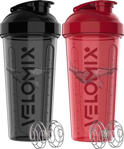 VELOMIX 2 Pack 28 oz Protein Shaker Bottles for Protein Mixes 2x Wire Whisk Leak Proof Shaker Cups for Protein Shakes and Pre Workout Protein Shaker Bottle Pack B1 RedBlack - Image 1