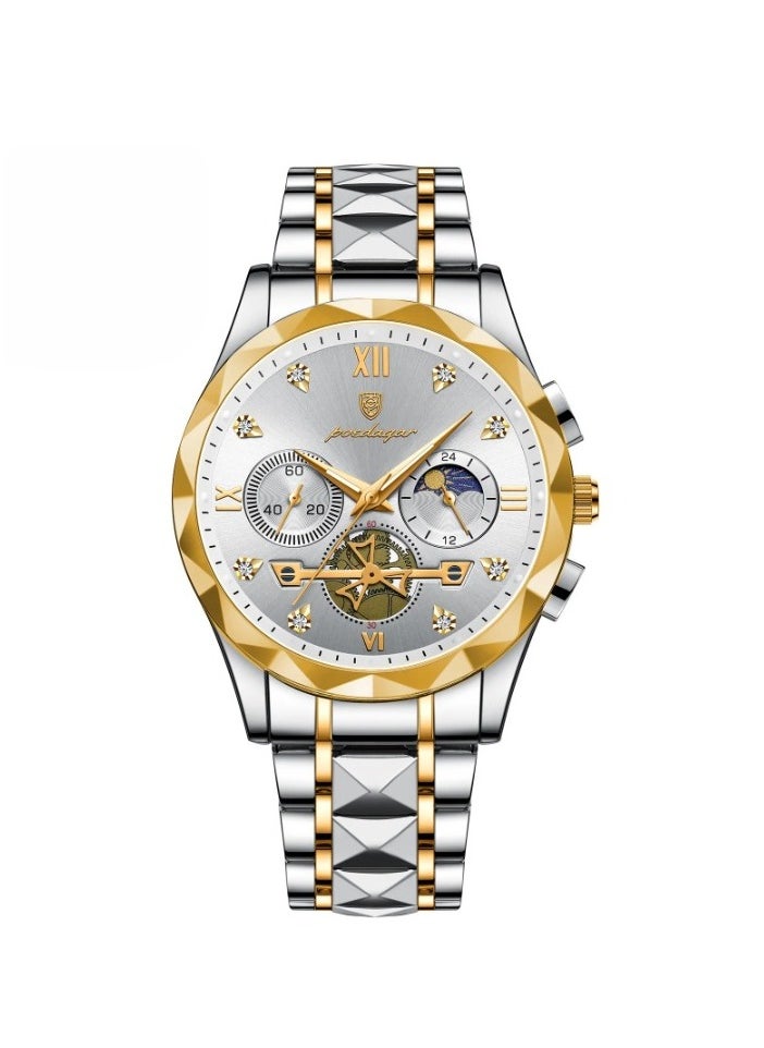 POEDAGAR - Luxury Men Wristwatch, Classic And Fashionable Quartz Watch, Waterproof Luminous Chronograph Watch, Business Style Stainless Steel Wrist Watch For Men, (Gold White) - Image 1