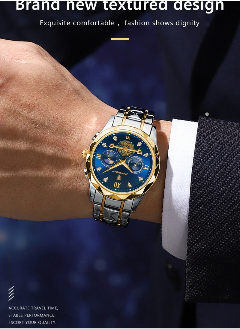 POEDAGAR - Luxury Men Wristwatch, Classic And Fashionable Quartz Watch, Waterproof Luminous Chronograph Watch, Business Style Stainless Steel Wrist Watch For Men, (Gold White) - Image 1
