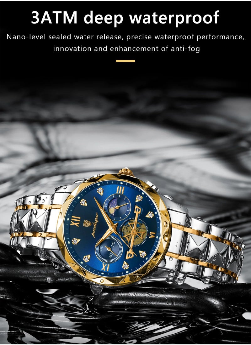 POEDAGAR - Luxury Men Wristwatch, Classic And Fashionable Quartz Watch, Waterproof Luminous Chronograph Watch, Business Style Stainless Steel Wrist Watch For Men, (Gold White) - Image 1