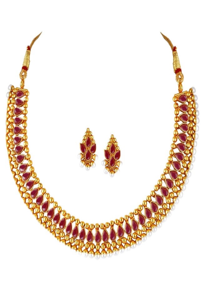 JFL - Jewellery for Less Traditional Ethnic Gold Plated Necklace Set studded with Ruby Red Stones and embelished with Pearls For Women.,Valentine - Image 1