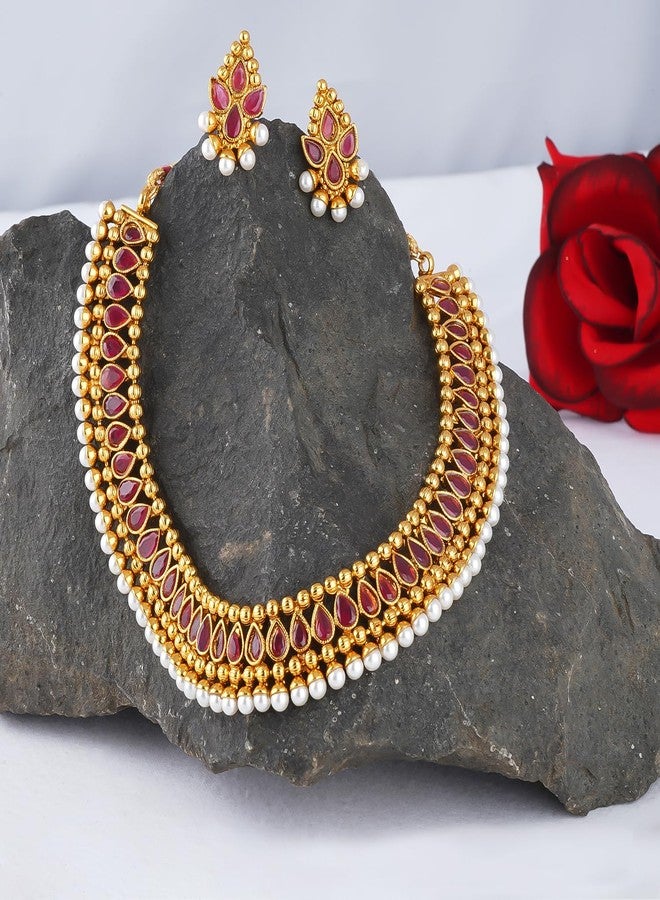 JFL - Jewellery for Less Traditional Ethnic Gold Plated Necklace Set studded with Ruby Red Stones and embelished with Pearls For Women.,Valentine - Image 3