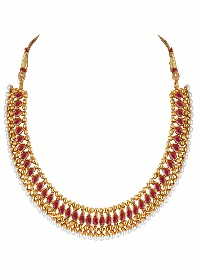 JFL - Jewellery for Less Traditional Ethnic Gold Plated Necklace Set studded with Ruby Red Stones and embelished with Pearls For Women.,Valentine - Image 4