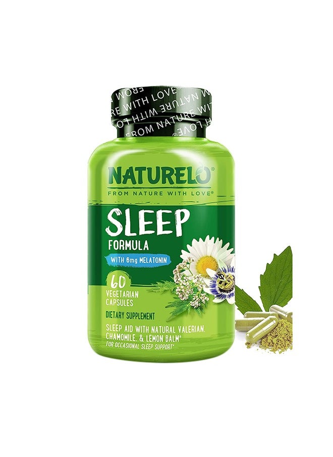 NATURELO - Sleep Formula With 6mg Melatonin Sleep Aid With Natural Valerian Chamomile & lemon Balm,For Occasional Sleep Support 60 Vegetarian Capsules - Image 1