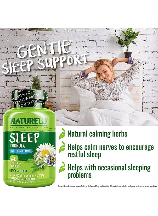 NATURELO - Sleep Formula With 6mg Melatonin Sleep Aid With Natural Valerian Chamomile & lemon Balm,For Occasional Sleep Support 60 Vegetarian Capsules - Image 1