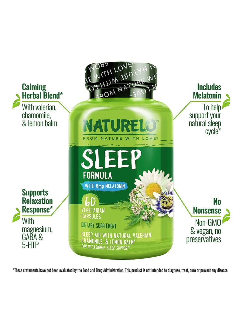 NATURELO - Sleep Formula With 6mg Melatonin Sleep Aid With Natural Valerian Chamomile & lemon Balm,For Occasional Sleep Support 60 Vegetarian Capsules - Image 1